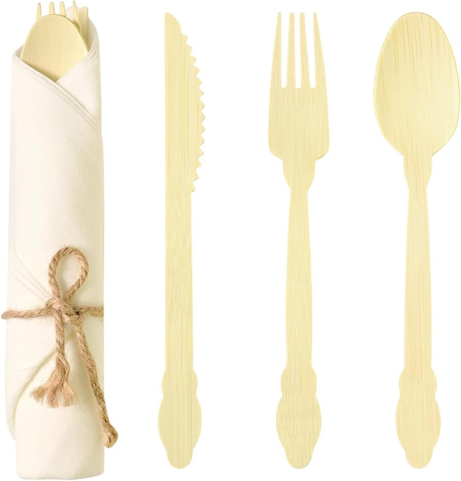 Pre Rolled Napkin and Bamboo Cutlery Set - 30pack Biodegradable Bamboo Silverware/Utensils/Flatware with Napkins, Compostable Wrapped Bamboo Cutlery for Party, Banquet, Wedding
