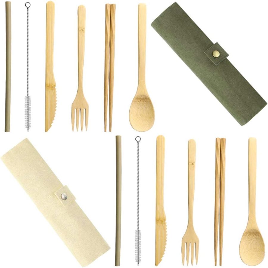 Set of 2, Bamboo Utensils Cutlery,  Reusable Cutlery Travel Set, Bamboo Spoon, Fork, Knife, Brush, Chopsticks and Straw, Eco-Friendly Portable Utensils With Case - Image 2