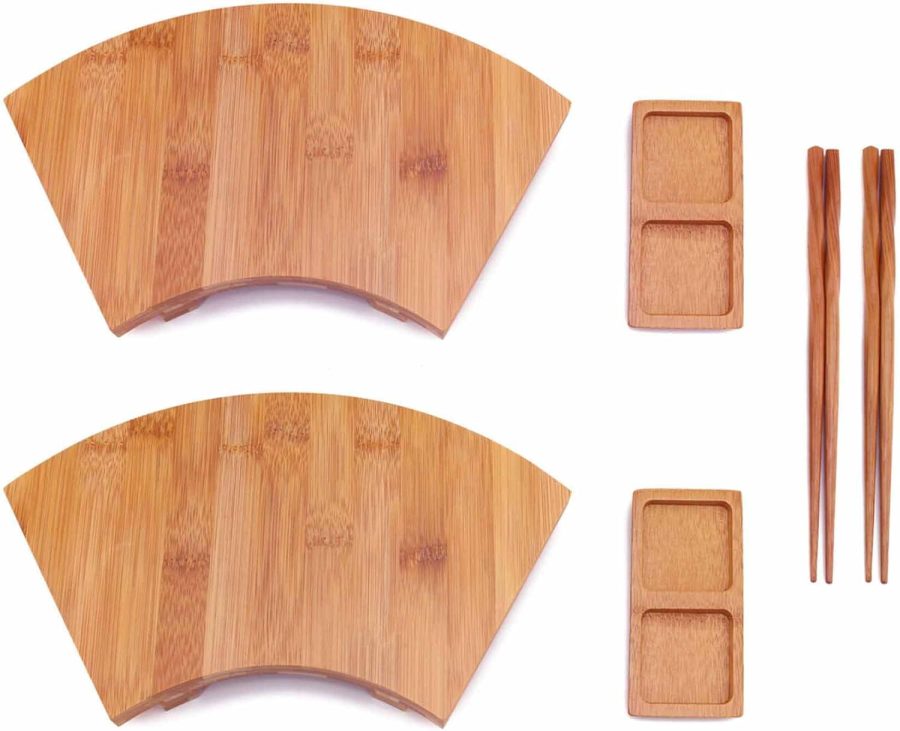 Bamboo Sushi Plate/Tray, Chopsticks and Compartment Sauce Dish, 11.6" Fan - 2 Sets