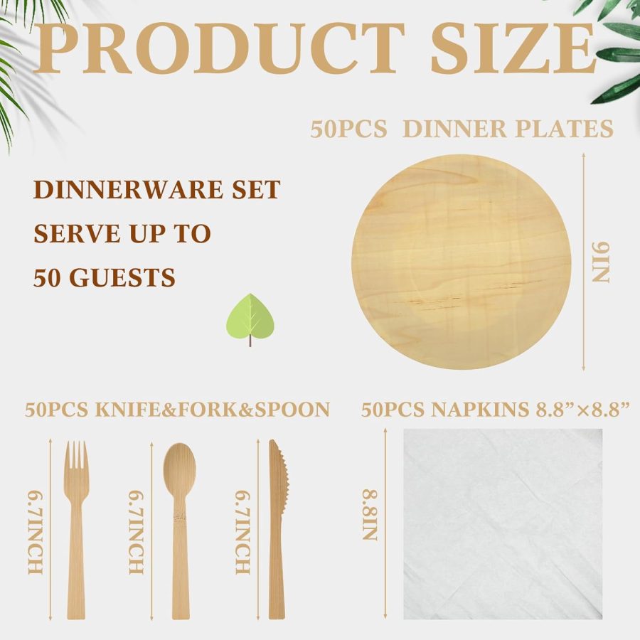 50 Set Bamboo Cutlery and Pre Rolled Napkin Disposable Cutlery Utensils with Forks, Knives, Spoons, Napkins for Wedding, Party, Baby Shower, Outdoor Events - Image 2