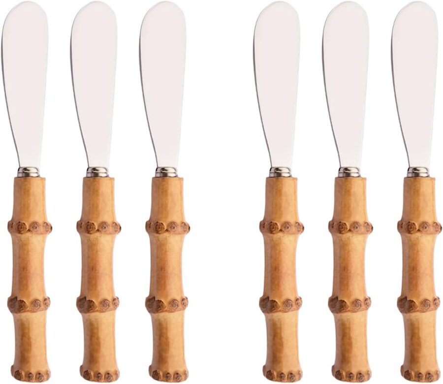 6-Piece Bamboo Silverware Set, Stainless Steel Flatware Hostess Serving Set Bamboo Utensils Tableware Set for Home Camping Travel Hotel - 6pcs Butter Knife