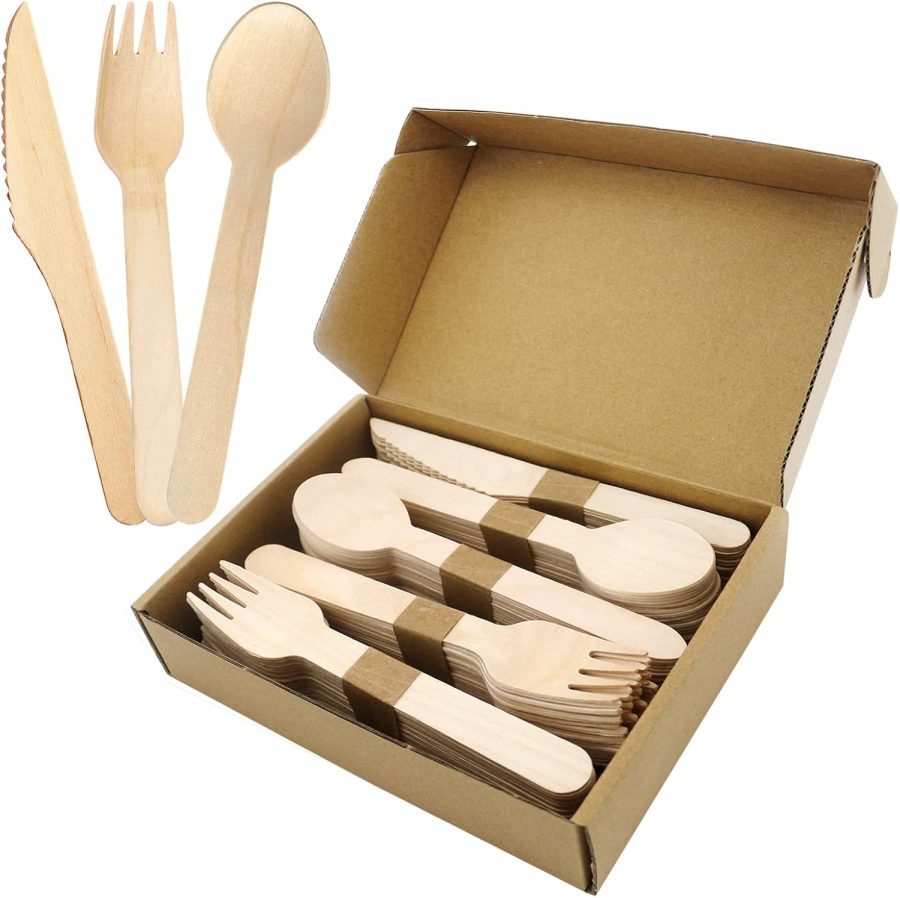 Wooden Cutlery Set Include Fork/Spoon/Knife,100% Natural Eco-Friendly Biodegradable&Compostable,Alternative to Plastic Cutlery,protect Earth(100 Count-40 Forks,40 Spoons,20 Knives)