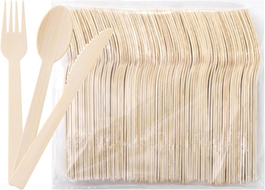 Set of 300 Natural Bamboo Utensils (100 Forks, 100 Spoons, 100 Knives) Disposable Bamboo Cutlery, Biodegradable and Compostable Bamboo Flatware for Wedding, Camping, Picnic, Party