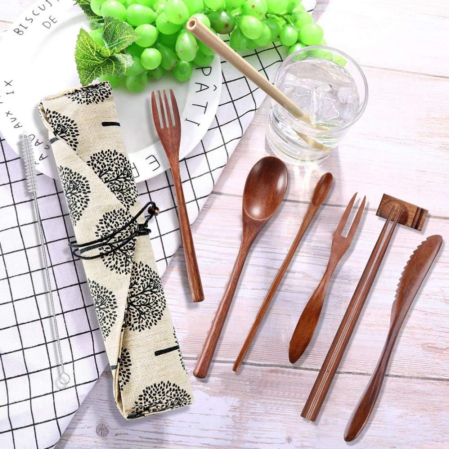 Reusable Wooden Travel Cutlery Set Japanese Style Lunch Utensil Set with Case,9 Pcs Wooden Flatware Including Reusable Knife Fork Spoon Chopsticks Straws & Cleaning Brush - Image 2