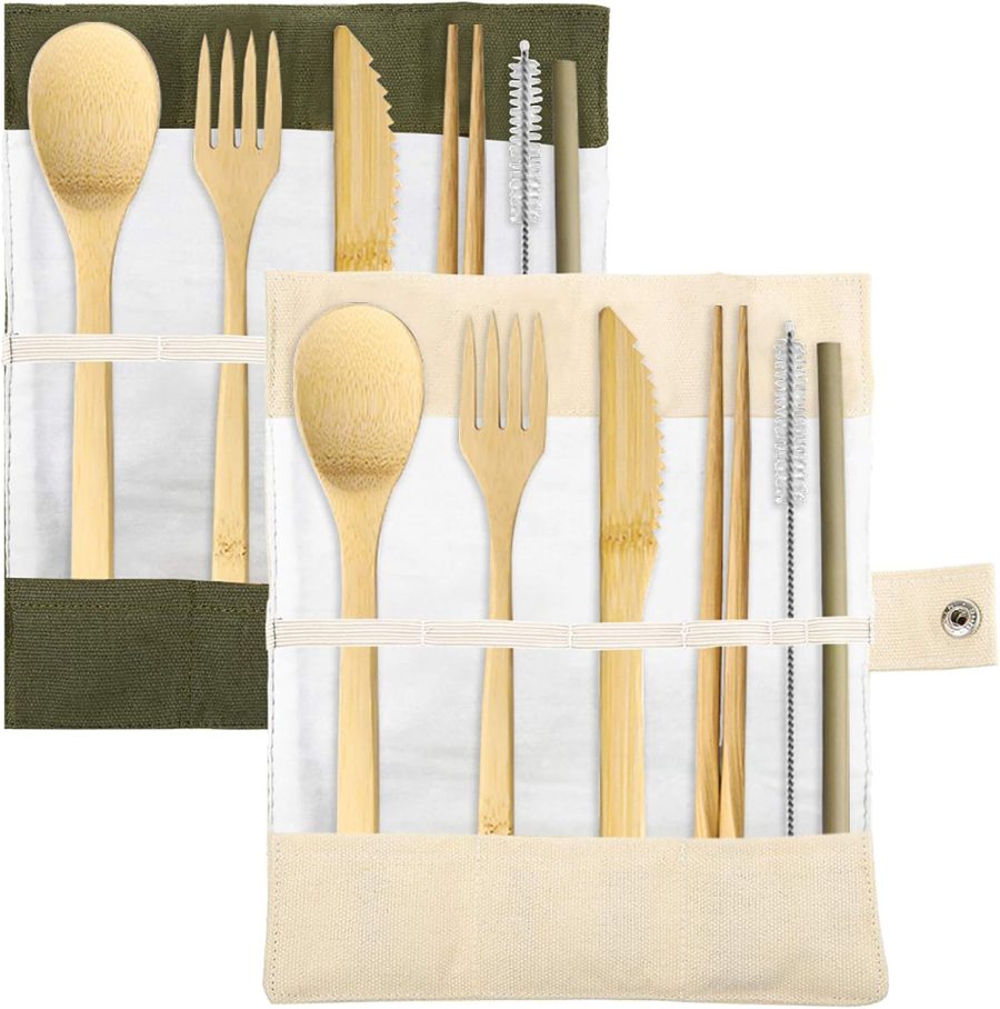 Set of 2, Bamboo Utensils Cutlery,  Reusable Cutlery Travel Set, Bamboo Spoon, Fork, Knife, Brush, Chopsticks and Straw, Eco-Friendly Portable Utensils With Case
