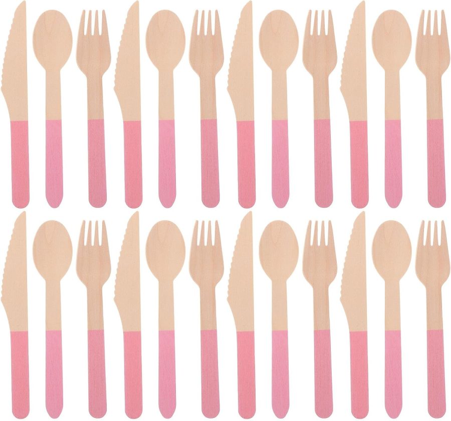 Disposable Wood Cutlery Set, 24pcs Pink Flatware Including Spoons, Forks, Knives, Pink Utensils Set for 8, for Girls Birthday, Baby Shower, Tea Party, Outdoor Picnic