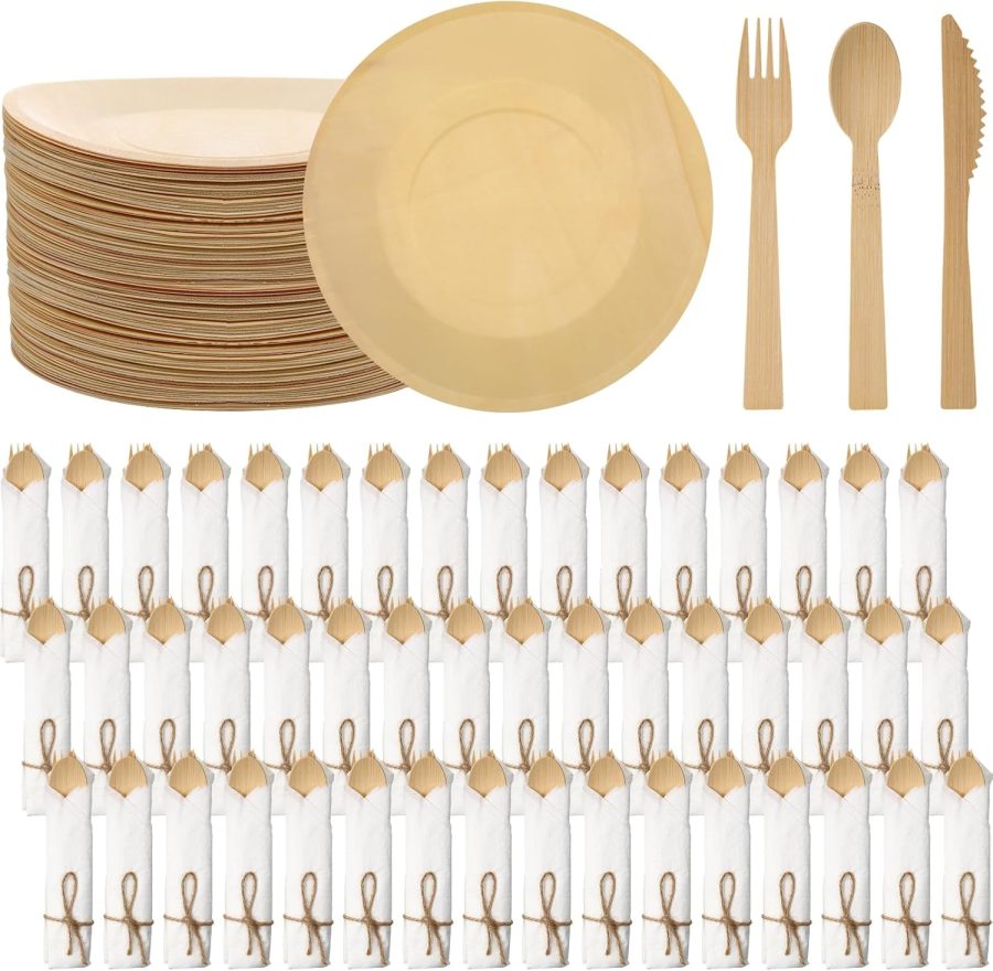50 Set Bamboo Cutlery and Pre Rolled Napkin Disposable Cutlery Utensils with Forks, Knives, Spoons, Napkins for Wedding, Party, Baby Shower, Outdoor Events
