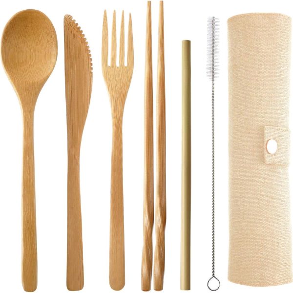 Bamboo Travel Cutlery Set Include Reusable Knife Fork Spoon Chopsticks Straw Eco Friendly Organic Bamboo Utensils Camping Flatware Travel Utensil Set for Picnic Office and School Lunch