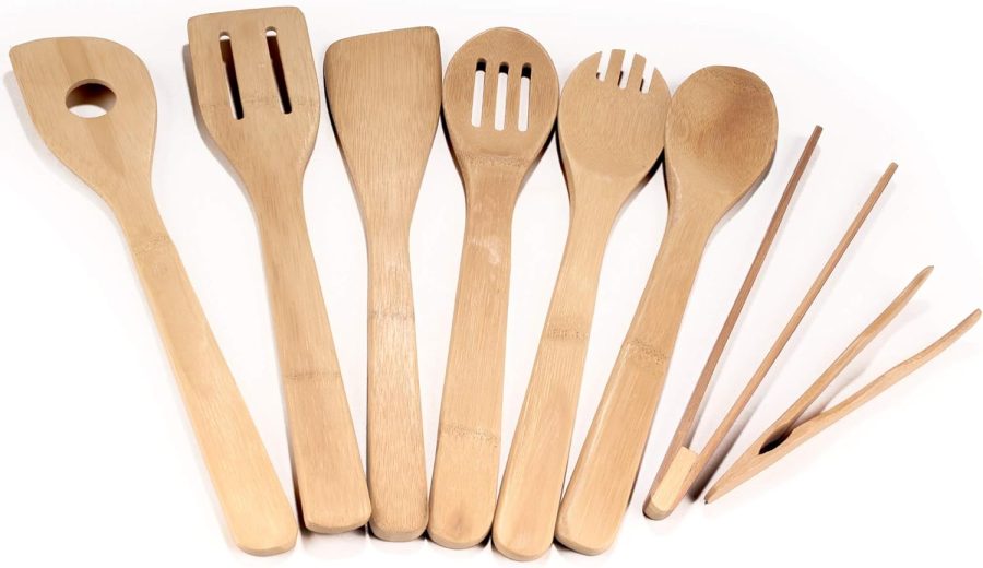 Organic Bamboo Utensil Set Spatula Spoon Tongs - 8 Piece