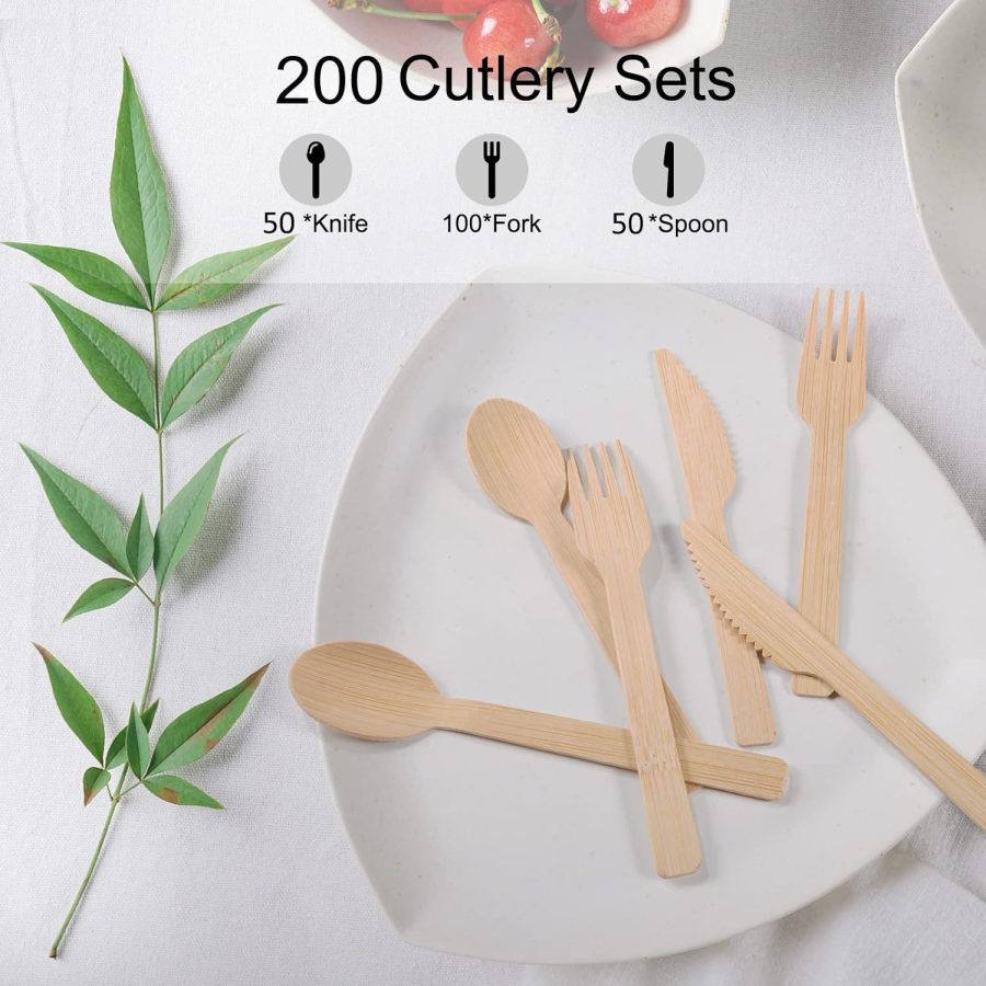 200 Pack Disposable Bamboo Utensils - 100% Eco-Friendly Bamboo Cutlery Set with 100 Forks, 50 Spoons, and 50 Knives - Perfect for Weddings and Parties, Recyclable and Compostable Flatware - Image 2