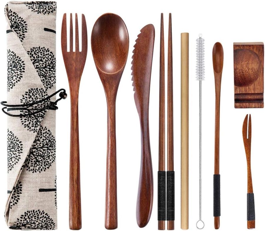 Reusable Wooden Travel Cutlery Set Japanese Style Lunch Utensil Set with Case,9 Pcs Wooden Flatware Including Reusable Knife Fork Spoon Chopsticks Straws & Cleaning Brush