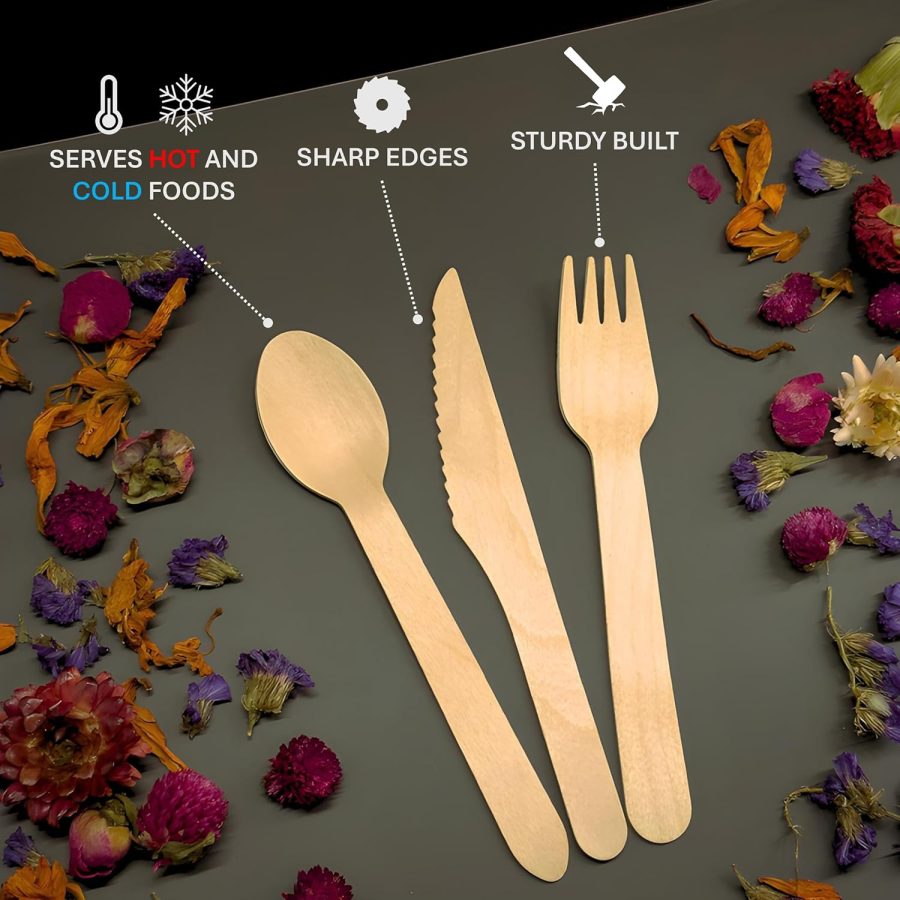 Disposable Wooden Cutlery Set 360 PCS - 100% Compostable Wooden Silverware [120 Forks, 120 Spoons, 120 Knives] - Wooden Disposable Utensils - Compostable Forks and Spoons - Silverware - Image 2