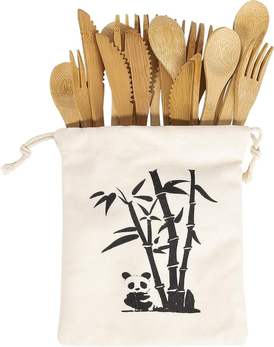 Bamboo Cutlery Set -30 PCS Reusable Bamboo Utensil Fork Knife Spoon-Bamboo Flatware Sets for Camping, Travel, Picnic, Office, School,Bamboo Silverware Set with Pouch Bag