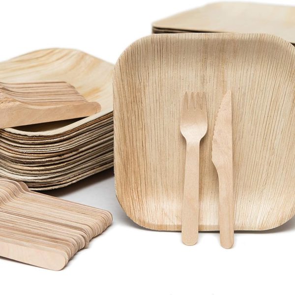 Disposable Bamboo Plates with Cutlery – 150pc 8 inch Square Plates Set with 50 Wooden Knives and Forks – Biodegradable Nature-Friendly