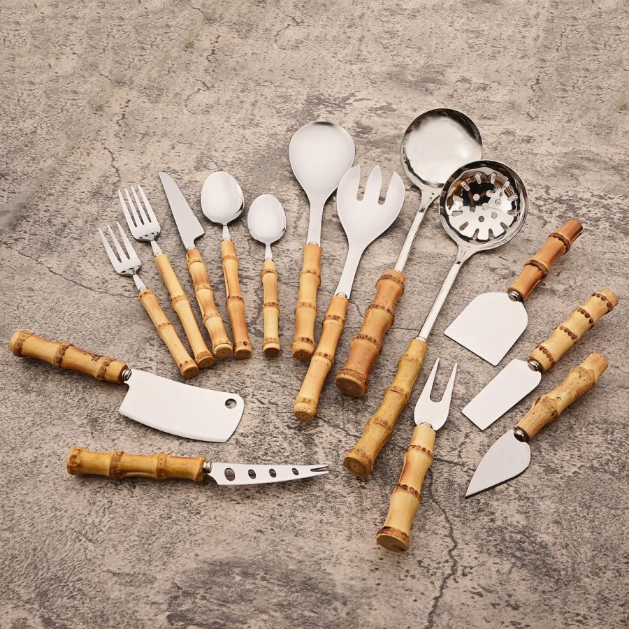 6-Piece Bamboo Silverware Set, Stainless Steel Flatware Hostess Serving Set Bamboo Utensils Tableware Set for Home Camping Travel Hotel - 6pcs Butter Knife - Image 2