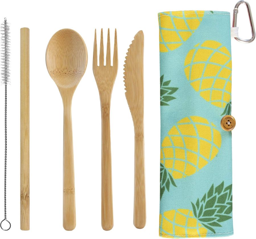 Take Along Reusable Bamboo Utensil Set with Straw, Dishwasher Safe, Pineapple Design