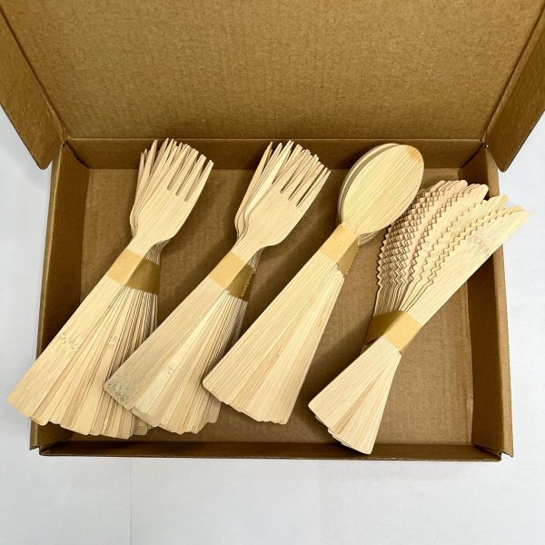 Sturdy and Eco-Friendly Bamboo Disposable Cutlery Set Pack of 100pcs (50 forks, 25spoons, 25 knives) Light Brown